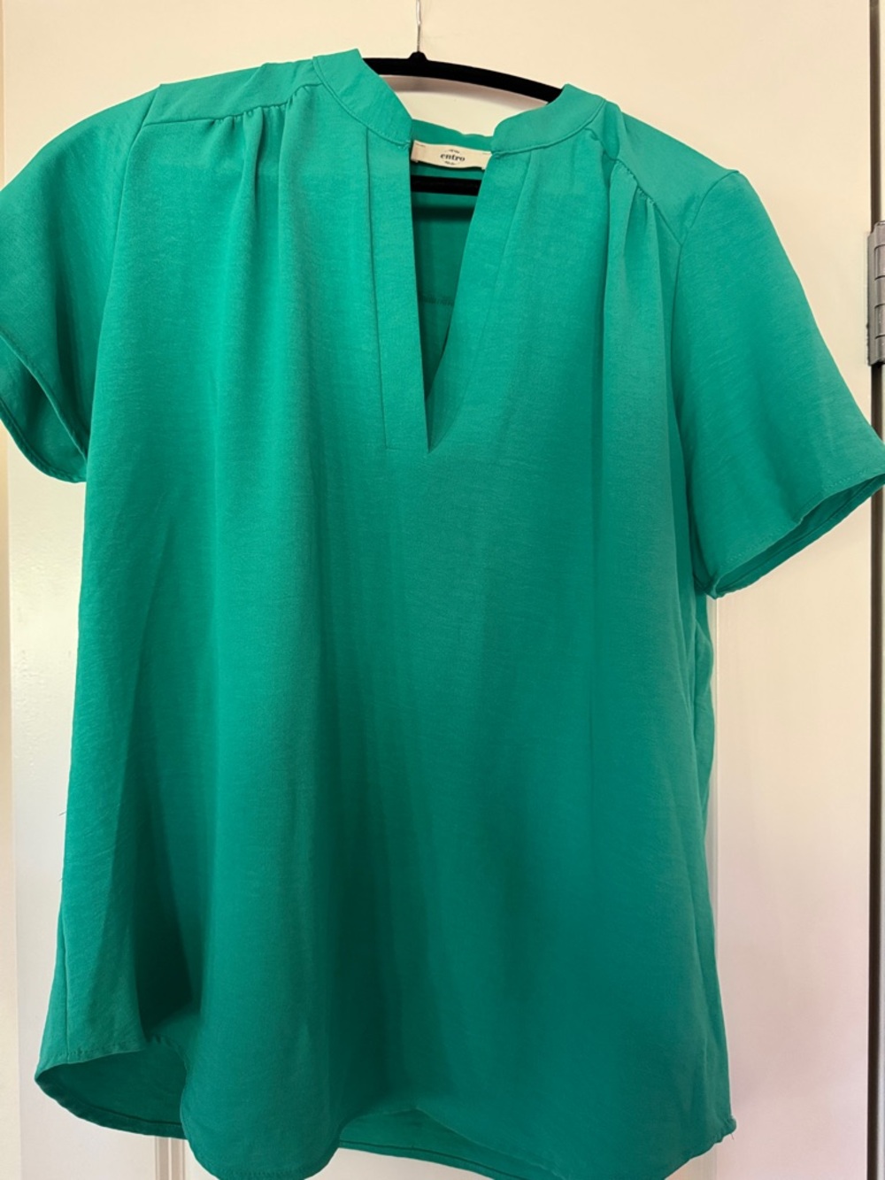 entro Teal Short-Sleeve Split-V Neck Blouse
